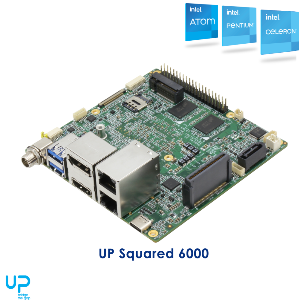 UP Squared 6000 , embedded board 3D Front view with Intel badges.