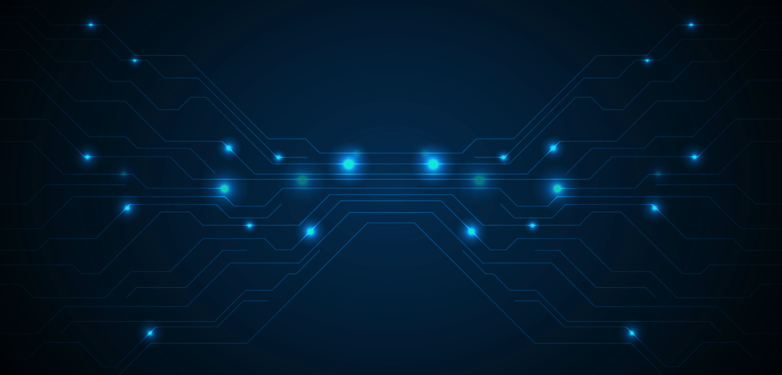 Abstract blue technology background with glowing lines and circuit patterns.