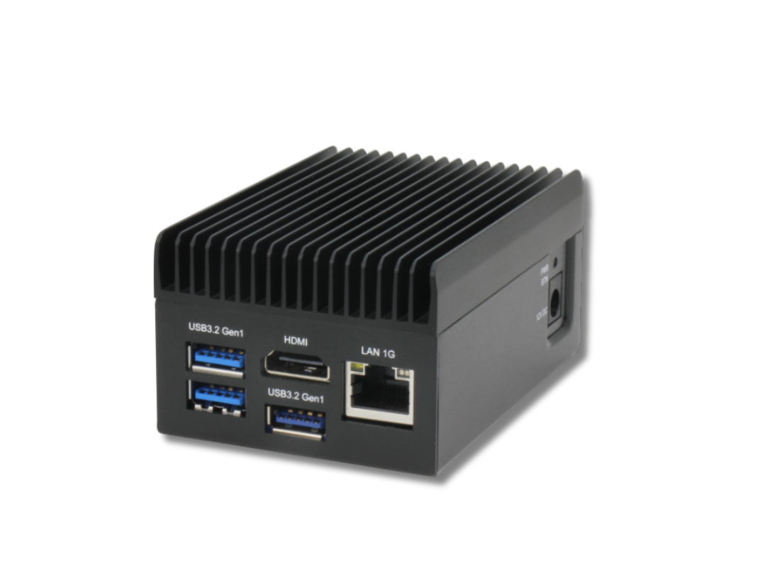 UP 7000 Edge System, front view, with 3x USB 3.2 Gen 1 ports, 1x HDMI, 1x LAN 1G and dimensions